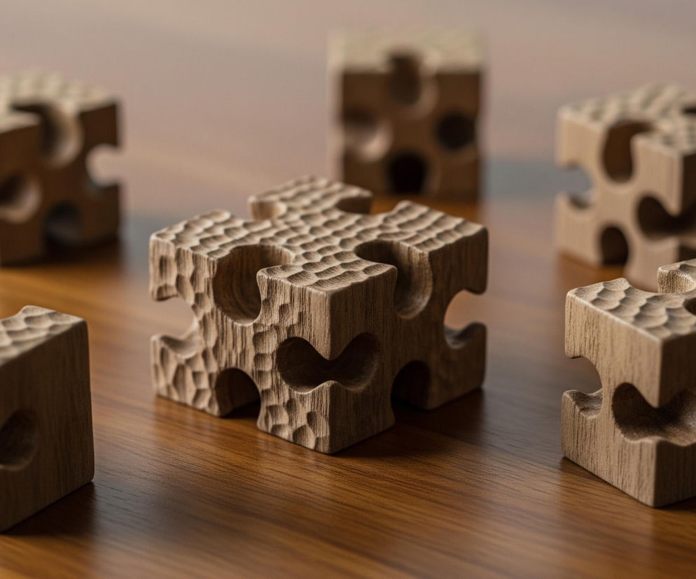Na drewnianym, błyszczącym stole leży sześć drewnianych, brązowych klocków przypominających elementy puzzli 3D. Każdy element ma kształt sześcianu z charakterystycznymi wycięciami i wypustkami na każdej ze ścianek, typowymi dla puzzli. Powierzchnia klocków jest porowata i ma nieregularną, falistą teksturę, dodającą im organicznego wyglądu. Cztery klocki w tle są rozmyte, podczas gdy dwa klocki na pierwszym planie, w centrum i po prawej stronie, są ostre i szczegółowe.