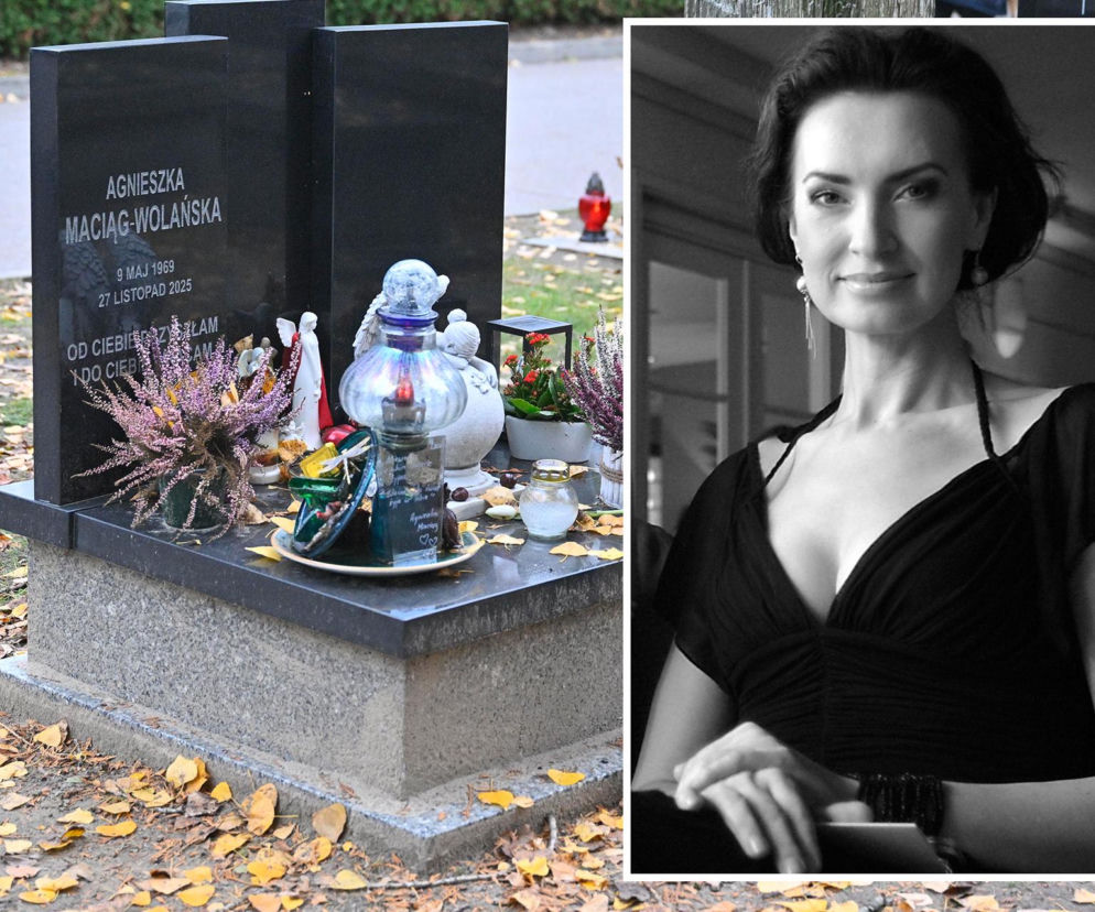 Grób Agnieszki Maciąg z figurkami aniołów. Obok na miniaturze czarno-białe zdjęcie modelki. O szczegółach przeczytasz na SE.