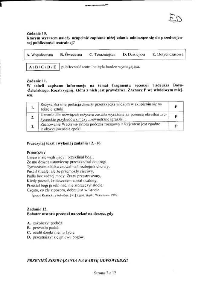 EGZAMIN GIMNAZJALNY 2012, JĘZYK POLSKI - ARKUSZE, PYTANIA, ODPOWIEDZI - TEST GIMNAZJALNY 2012 JEZYK POLSKI