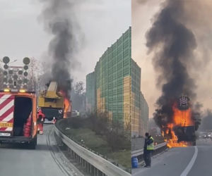 Jęzory ognia na S8. Płonął dźwig!