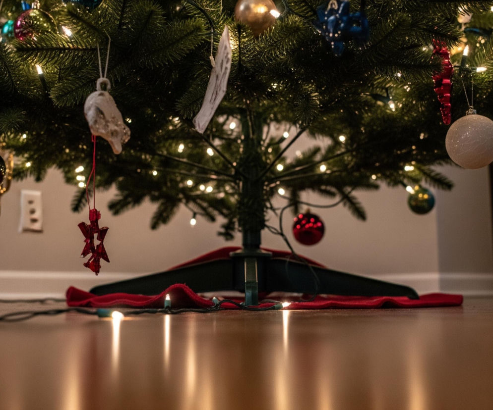 W centrum obrazu znajduje się rozświetlona, sztuczna choinka z ciemnozielonymi gałązkami, ozdobiona różnorodnymi bombkami i światełkami. Poniżej choinki widoczny jest jej ciemny, zielony stojak, wokół którego ułożono czerwoną, miękką tkaninę. Na drewnianej podłodze, u dołu kadru, leży czarny kabel ze świecącymi lampkami, a światło odbija się od polerowanej powierzchni. Tło stanowi jasna ściana z białym listwą przypodłogową i widocznym gniazdkiem elektrycznym po lewej stronie.