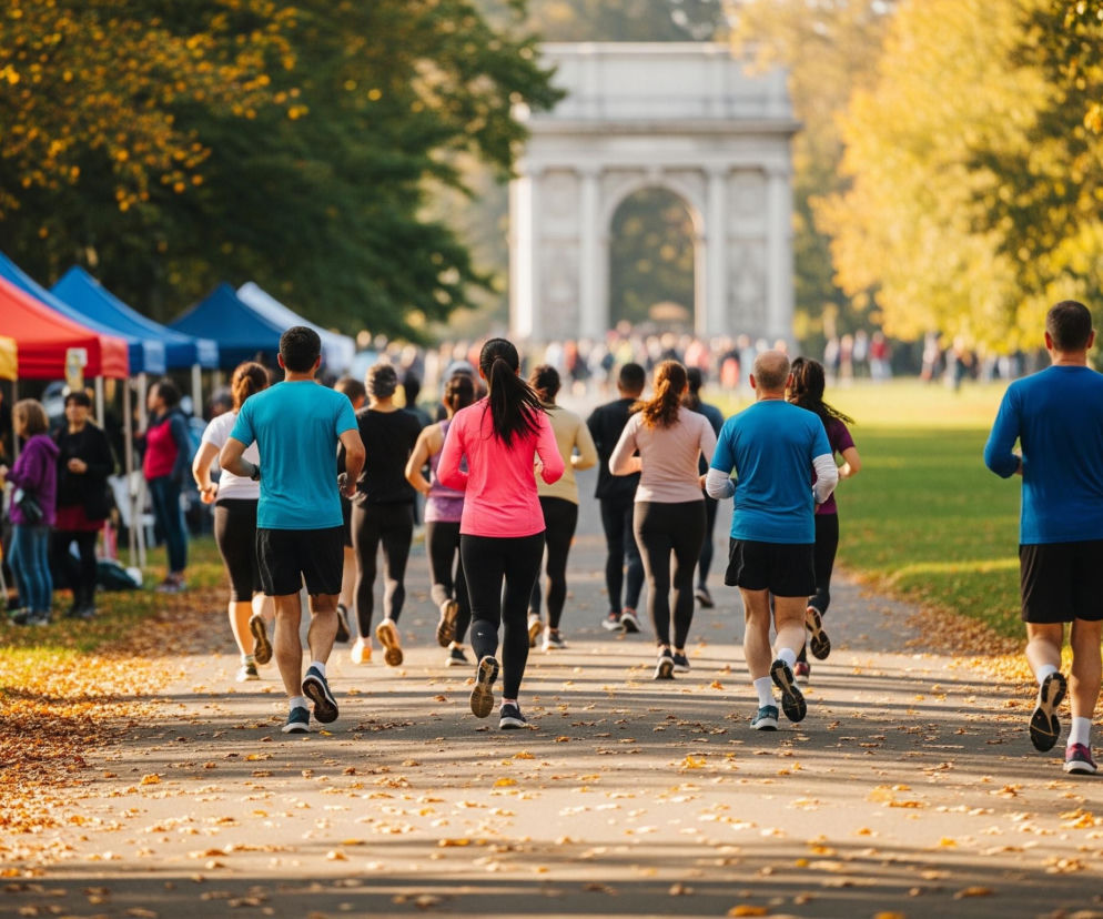 Grupa ludzi biegnie ścieżką parkową w stronę odległego, białego łuku. Na pierwszym planie, ścieżka pokryta jest rozrzuconymi jesiennymi liśćmi w odcieniach pomarańczy i brązu, otoczona trawą oraz drzewami z żółto-zielonymi liśćmi. Po lewej stronie ścieżki ustawione są kolorowe namioty – niebieskie, żółte i czerwone – pod którymi znajdują się ludzie. W tle widoczny jest duży, biały budynek przypominający łuk triumfalny, a dalej więcej drzew i sylwetki kolejnych osób.