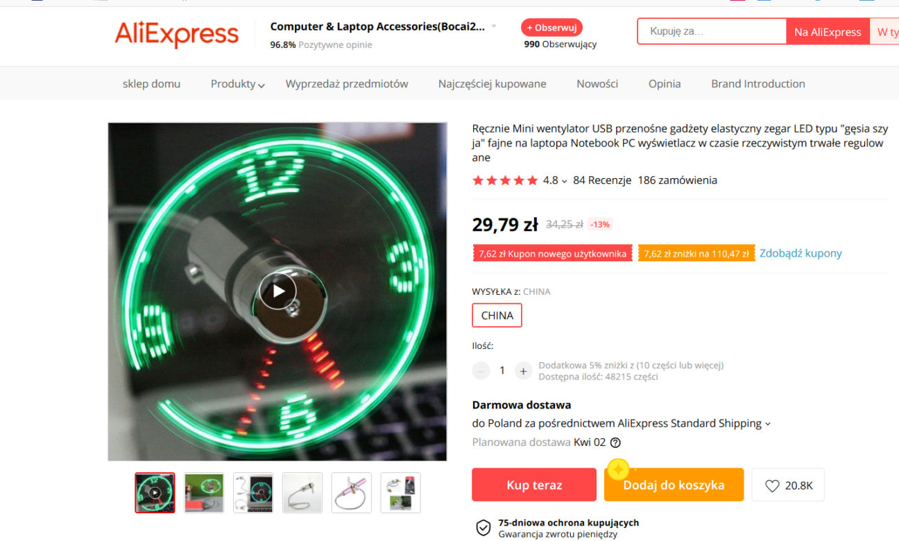 wentylator USB z zegarem