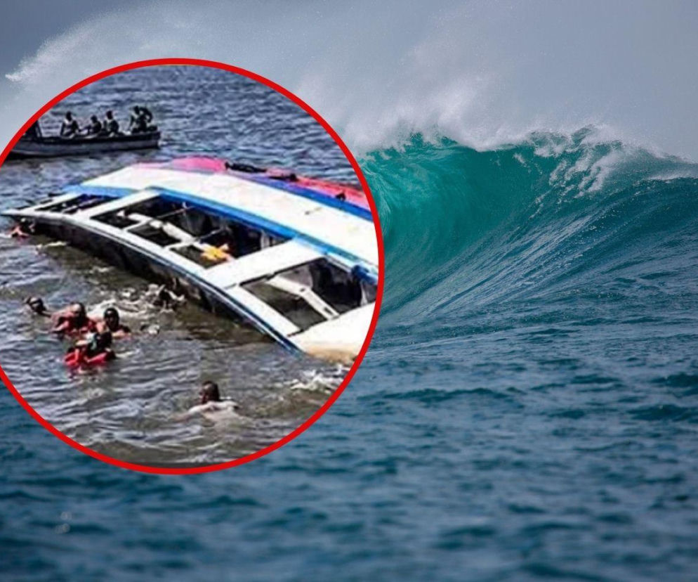 Wysoka fala na oceanie. Na miniaturze obok przewrócony prom i ludzie w wodzie. O tragedii w Gujanie przeczytasz w Esce.