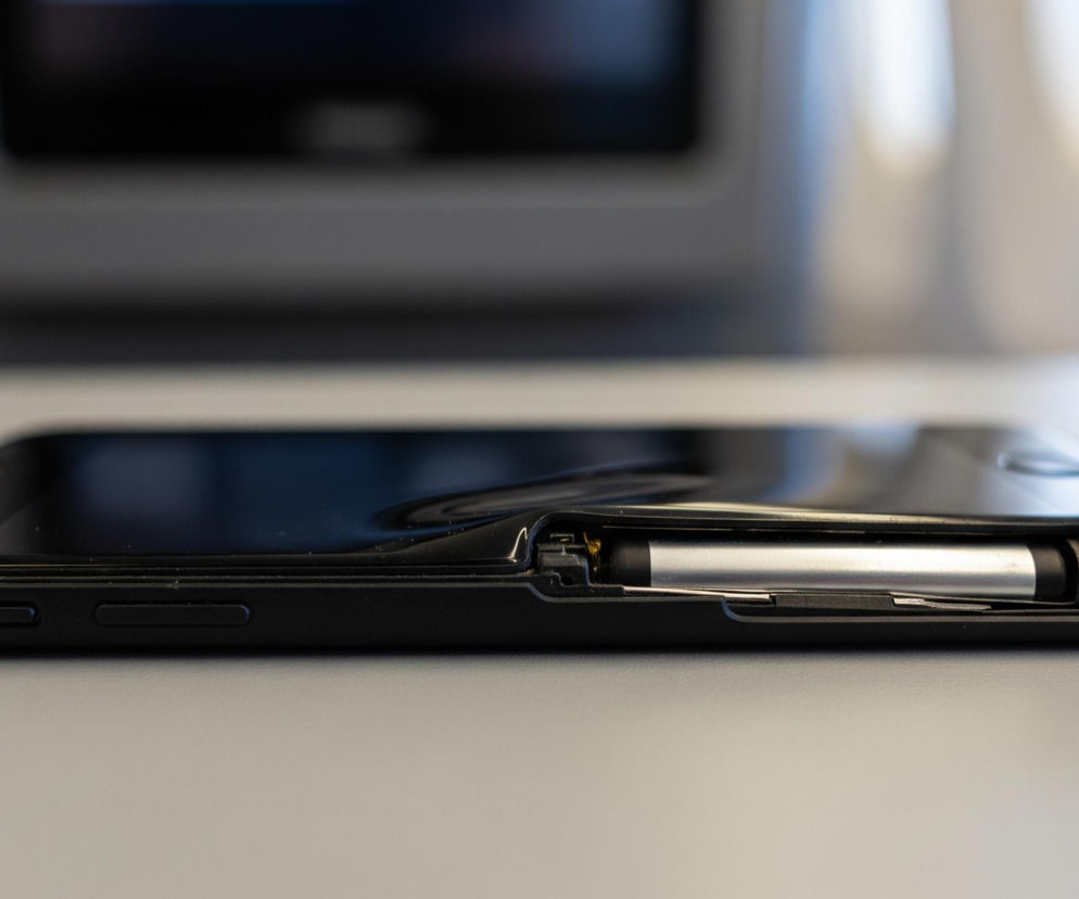 Czarny smartfon leży na boku na jasnoszarym blacie. Obudowa telefonu jest w połowie otwarta, ukazując srebrną baterię o cylindrycznym kształcie, z czarnym zakończeniem po prawej stronie. Ekran telefonu jest ciemny i odbija otoczenie, z widocznym wygięciem obudowy w okolicy baterii. Tło jest rozmyte, ukazując szare elementy wnętrza pojazdu, prawdopodobnie samolotu, oraz niewielkie jasne okno po prawej stronie.