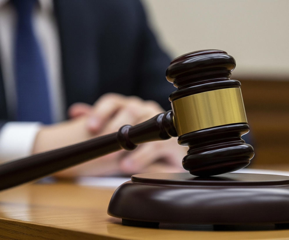 Młotek sędziowski wykonany z ciemnego drewna z metalową, złotą opaską, leży na lśniącej, jasnobrązowej, drewnianej powierzchni. Jego głowa spoczywa na również drewnianej, ciemnobrązowej podstawie. W tle, częściowo niewyraźny, siedzi mężczyzna w ciemnym garniturze i niebieskim krawacie, z dłońmi złożonymi na stole.