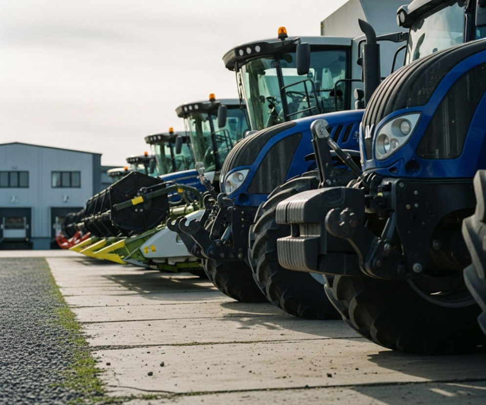 Rząd nowych, nowoczesnych, niebieskich ciągników rolniczych i maszyn ze światłami ostrzegawczymi, zaparkowanych na placu, co symbolizuje rekordowe zakupy i inwestycje w rolnictwie, o czym przeczytasz na Super Biznes.