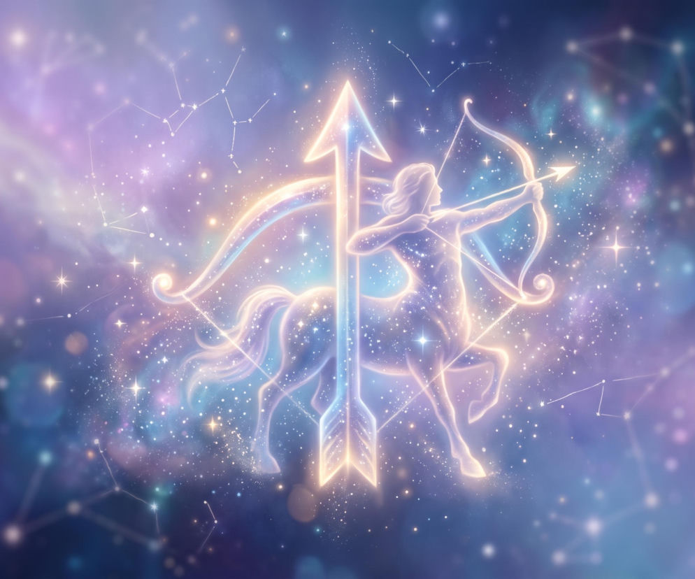 Świecący symbol znaku zodiaku Strzelec na tle gwieździstego nieba. O horoskopie dla Strzelca przeczytasz w Eskice.