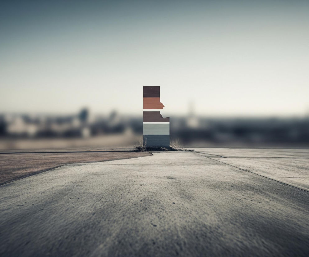 Na pierwszym planie rozciąga się szeroka, betonowa powierzchnia, która w oddali łączy się z rozmazanym tłem. Pośrodku kadru, na horyzoncie, wyrasta pionowy, prostokątny obiekt złożony z pięciu poziomych pasów w różnych odcieniach brązu, szarości i błękitu, z nieregularnymi wcięciami po prawej stronie. Tło stanowi rozmyta panorama miasta z niewyraźnymi budynkami, przechodząca w jasne, lekko niebieskie niebo. Po prawej stronie prostokątnego obiektu, u jego podstawy, widoczny jest mały, rozłożysty krzew.