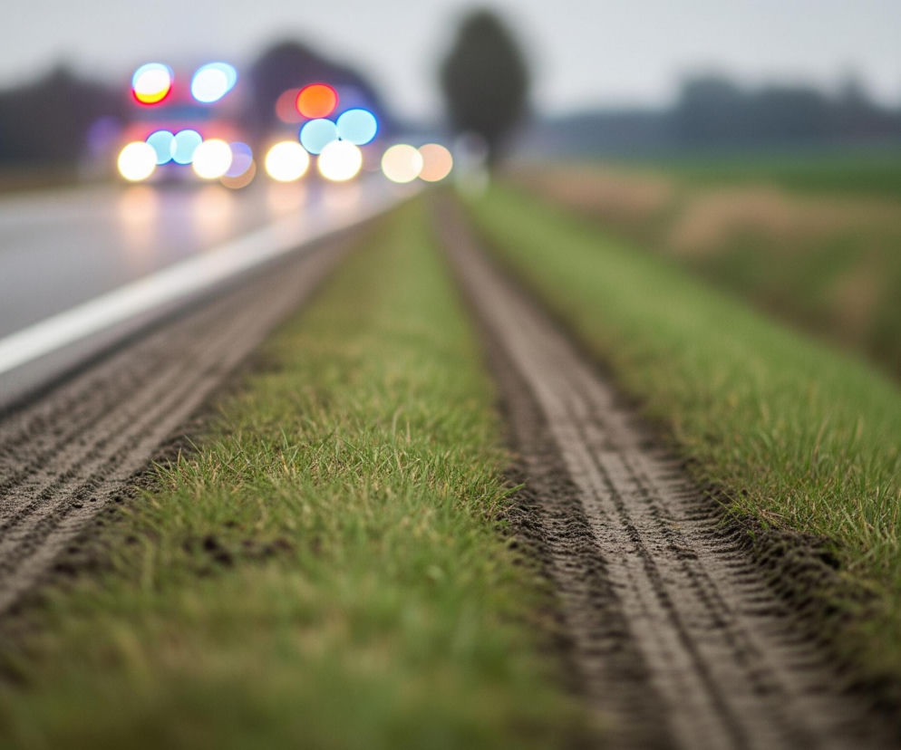 Na pierwszym planie widoczne są dwa wyraźne ślady opon w błotnistej ziemi, otoczone zieloną trawą, biegnące równolegle do asfaltowej drogi po lewej stronie. Droga jest mokra i posiada białą, ciągłą linię. W tle, rozmyte światła pojazdów, głównie pomarańczowe i niebieskie, sugerują ruch lub obecność pojazdów uprzywilejowanych. Po prawej stronie w oddali widać niewyraźny pejzaż z drzewami i polami.