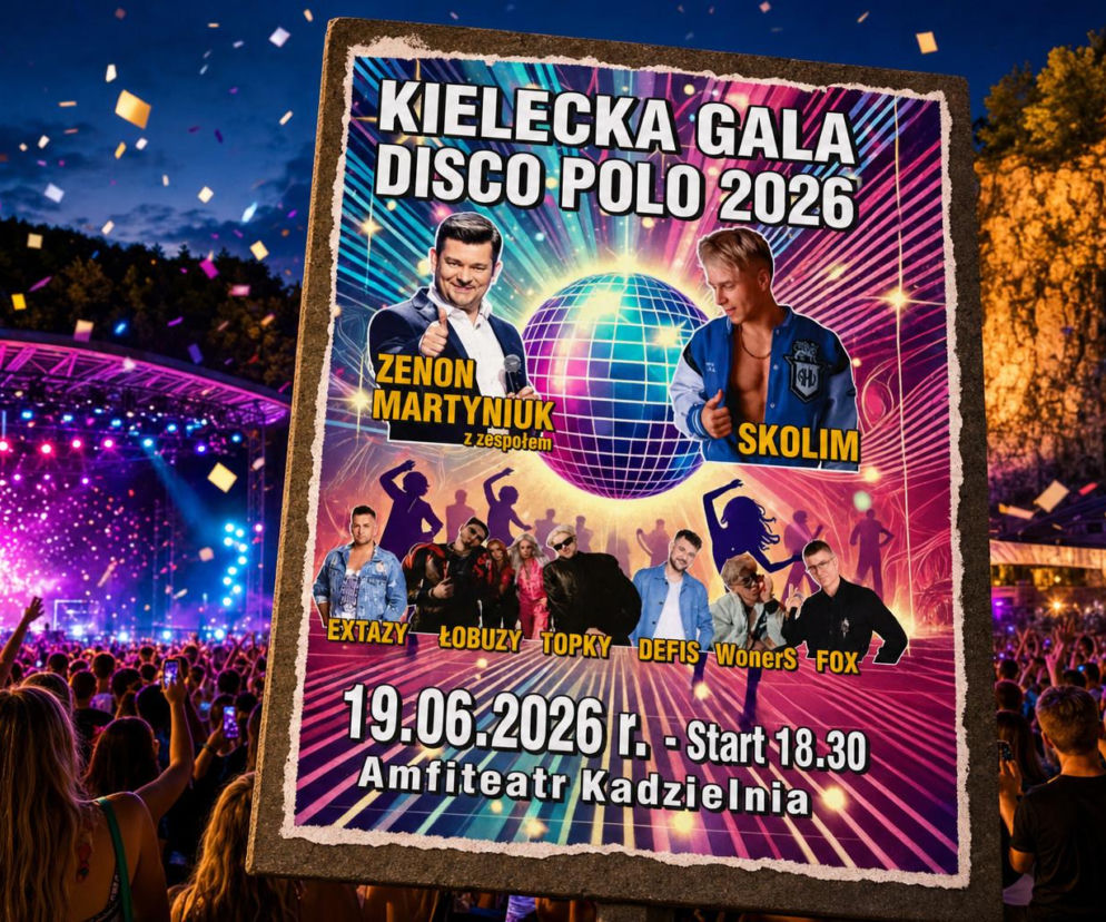 Plakat Kieleckiej Gali Disco Polo 2026 z Zenonem Martyniukiem i Skolimem oraz zespołami takimi jak Extazy, Łobuzy, Topky, Defis, WonerS i Fox na tle rozświetlonej sceny z publicznością, otoczonej górami i konfetti. Więcej informacji o imprezie znajdziesz na naszym portalu.