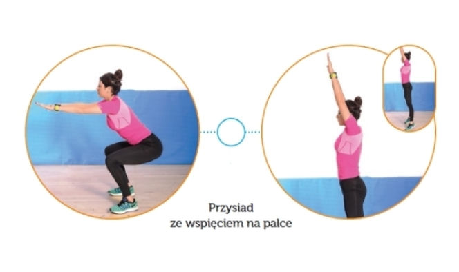 3. Ćwiczenia ogólnorozwojowe: przysiad ze wspięciem na palce