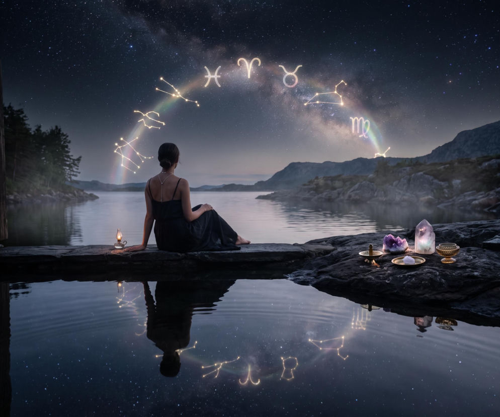 Kobieta siedząca nad wodą pod rozgwieżdżonym niebem z symbolami zodiaku. O horoskopie dziennym przeczytasz w serwisie SE.