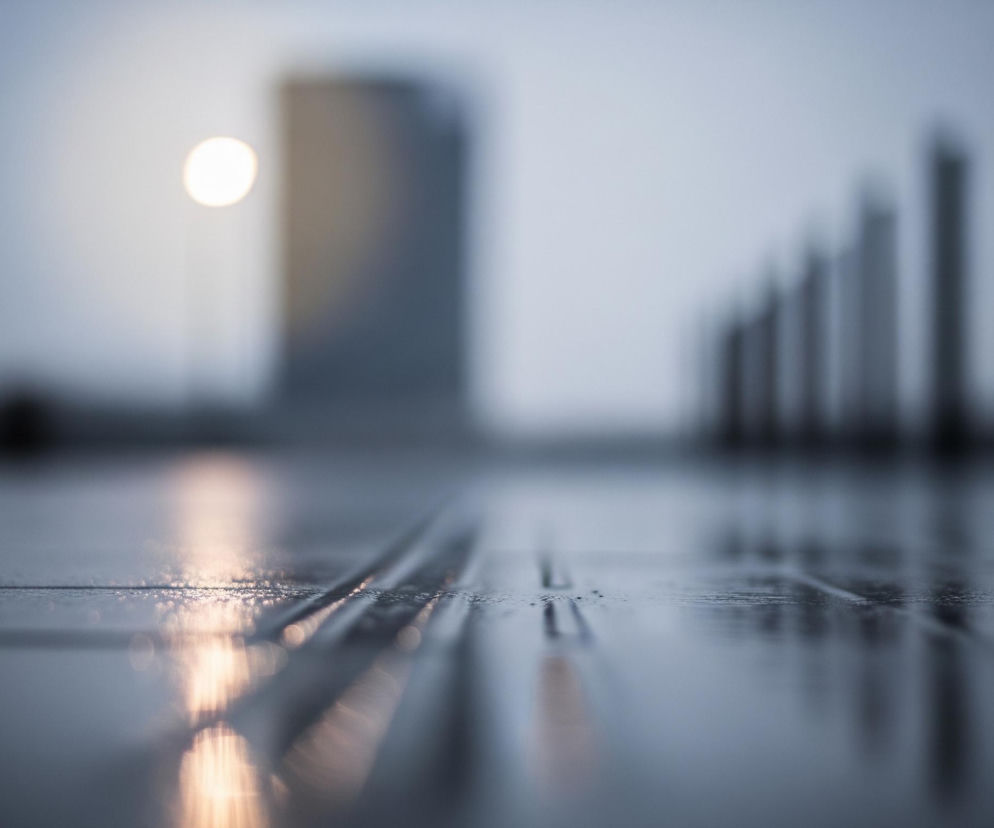 Na pierwszym planie widoczna jest mokra, szara nawierzchnia z delikatnymi refleksami światła, rozmazanymi w dolnej lewej części obrazu. W tle, po lewej stronie, rozmyta jasna kula światła unosi się nad ciemniejszym, prostokątnym kształtem, który przypomina wysoki budynek. Po prawej stronie horyzontu ciągnie się rząd ciemnych, pionowych słupów, które stopniowo zmniejszają się i znikają w oddali, odbijając się w wilgotnej powierzchni. Cała scena utrzymana jest w chłodnych, niebieskawo-szarych tonacjach.