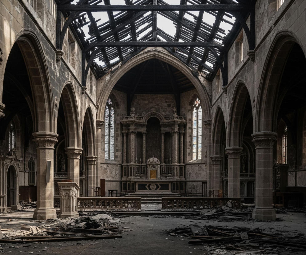 Wnętrze starego kościoła jest zniszczone i zaniedbane. Główny ołtarz z bogato zdobionym retabulum stoi na końcu nawy, częściowo zasłonięty przez drewniane barierki. Wokół ołtarza widoczne są wąskie, wysokie okna z witrażami. Posadzka w całym kościele pokryta jest gruzem, fragmentami drewna, kawałkami tynku i pyłem, tworząc chaotyczny bałagan. Duże, kamienne filary z rzeźbionymi kapitelami podtrzymują sklepione łuki, a konstrukcja dachu jest zniszczona i spalona, ukazując gołe, czarne belki i otwarte niebo.