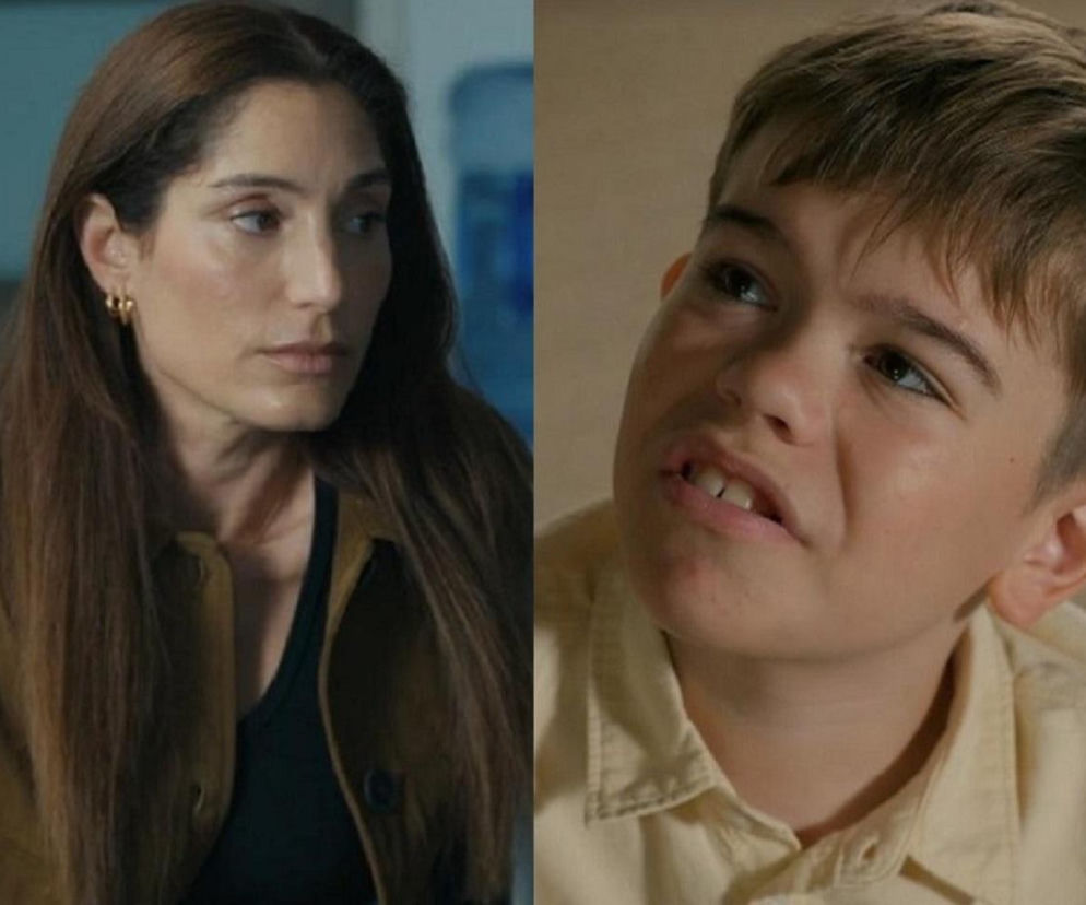 Dwa ujęcia w pionowym kadrze: po lewej, Celina (Orina Krajewska), kobieta o długich, brązowych włosach i poważnym wyrazie twarzy, w brązowej koszuli, po prawej zmartwiony Ksawery (Bartosz Gruchot), chłopiec w jasnej koszuli. Aktorzy z serialu Barwy szczęścia dostępnego na Super Seriale.