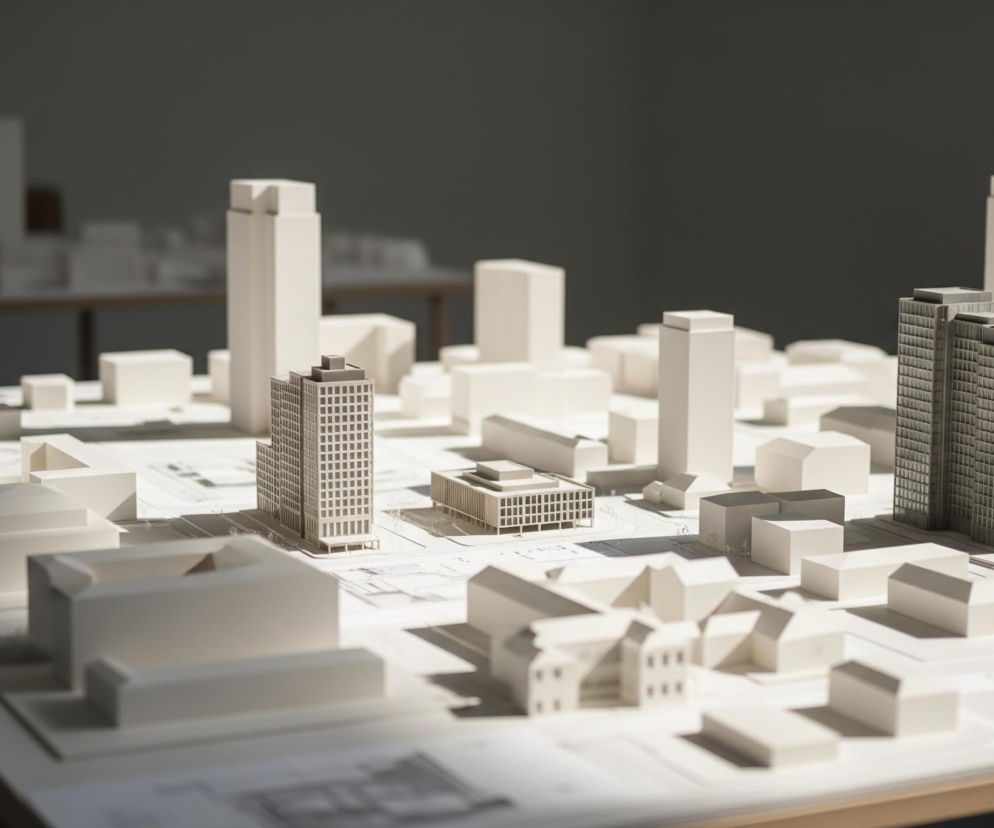 Model architektoniczny przedstawiający fragment miasta, wykonany w większości z jasnego, białego materiału, rozmieszczony na białej planszy, która leży na drewnianym stole. W centrum kompozycji znajduje się duży, szary wieżowiec z wyraźnie zaznaczonymi rzędami okien, obok niego wznosi się drugi, nieco mniejszy, również szary budynek o podobnej fasadzie. Plansza z modelami zawiera nadrukowane linie i schematy ulic oraz terenów zielonych, tworzącymi podstawę dla konstrukcji. Ostre światło padające z lewej strony tworzy wyraźne cienie rzucane przez budynki, dodając głębi i trójwymiarowości całej scenie, a w tle widać rozmyte sylwetki innych modeli na oddalonych stołach.