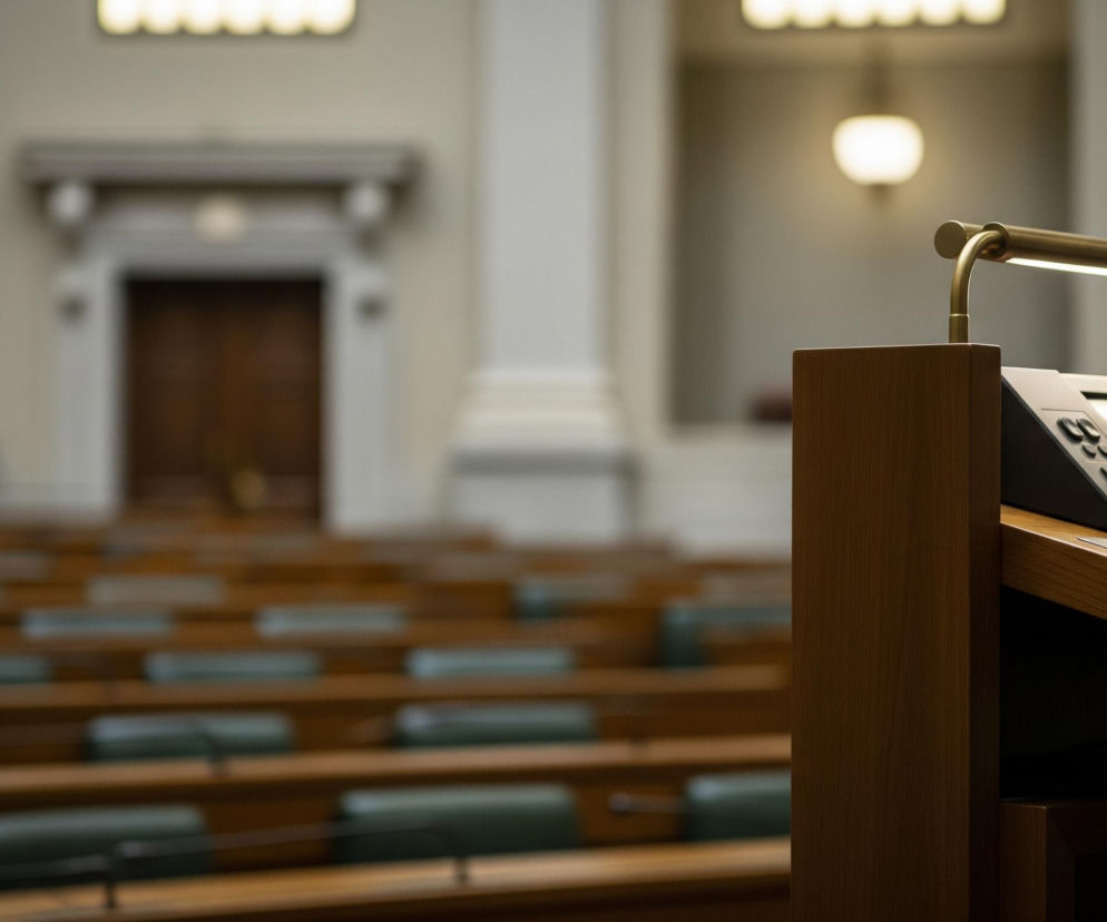 Na pierwszym planie po prawej stronie znajduje się brązowa drewniana mównica, na której blacie leży pulpit z urządzeniami elektronicznymi, takimi jak telefon i panel sterowania, oraz zielony podkład biurowy. Nad pulpitem zamontowana jest pozioma, mosiężna lampka z włączonym białym światłem. W tle widać rzędy pustych, drewnianych ławek z ciemnozielonymi tapicerowanymi siedzeniami i oparciami, ułożone w amfiteatralnym układzie. Dalej, za ławkami, znajduje się duża, jasna przestrzeń z białymi ścianami, kolumnami i centralnie umieszczonymi drzwiami z ciemnego drewna, a u góry widoczne są fragmenty oświetlenia sufitowego oraz pojedyncza lampa ścienna.