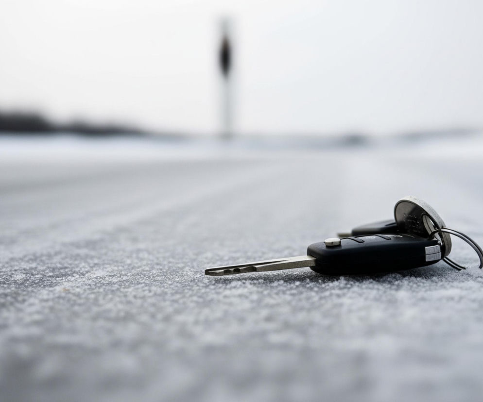 Czarne kluczyki do samochodu leżą na szarej, piaszczystej lub oszronionej nawierzchni, pokrytej drobnymi białymi cząstkami. Kluczyki są metalowo-plastikowe, z widocznym, metalowym grotem klucza oraz srebrnym przyciskiem na górze obudowy. Obok nich znajduje się metalowe kółko z zawieszonym innym, mniejszym kluczykiem lub brelokiem. Tło jest rozmyte, dominują odcienie szarości i bieli, a w oddali widać ciemne, rozmazane kształty drzew i niewyraźną, pionową sylwetkę człowieka.