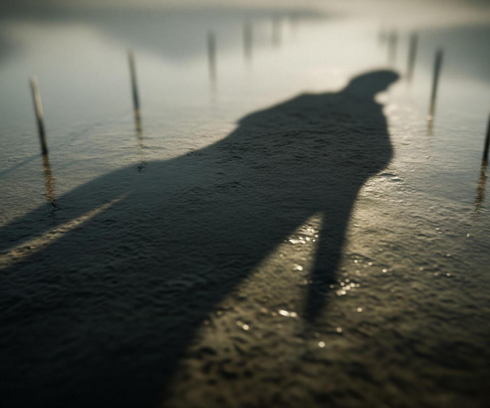 Duży, ciemny cień postaci z kapturem, zwróconej w prawo, dominuje na pierwszym planie, rozciągając się po falującej, błyszczącej powierzchni, prawdopodobnie wodzie. Wokół cienia, w rozproszonej odległości, wystaje z niej kilka smukłych, pionowych słupów, odbijających światło. Tło jest bardzo jasne i rozmyte, sugerując mglisty lub bardzo jasny horyzont.
