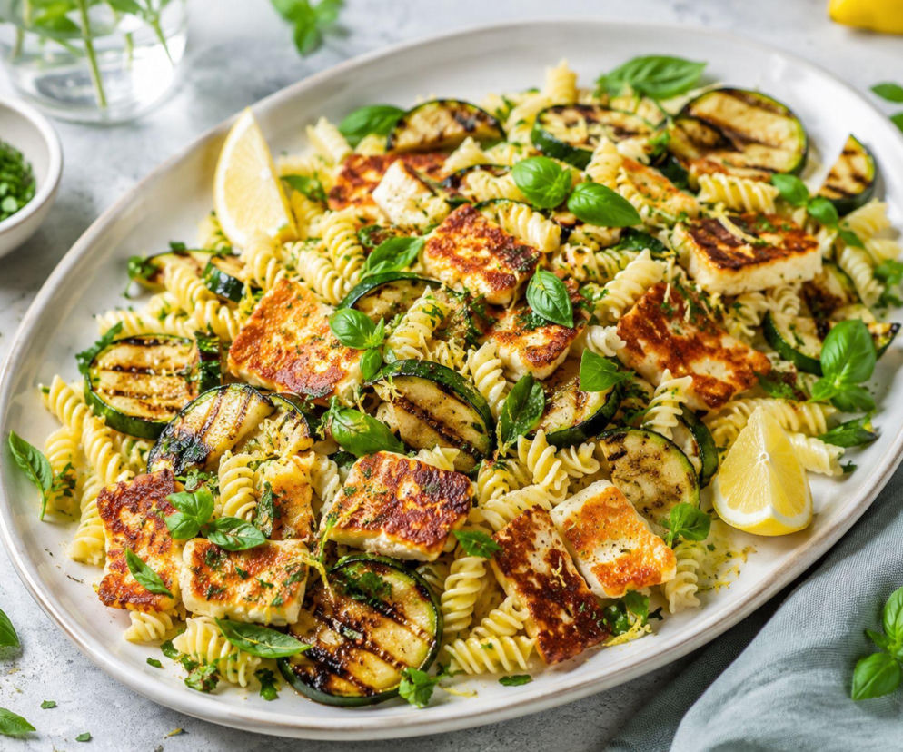 Sałatka makaronowa z grillowaną cukinią i halloumi. Syci jak obiad, ale nie jest ciężka