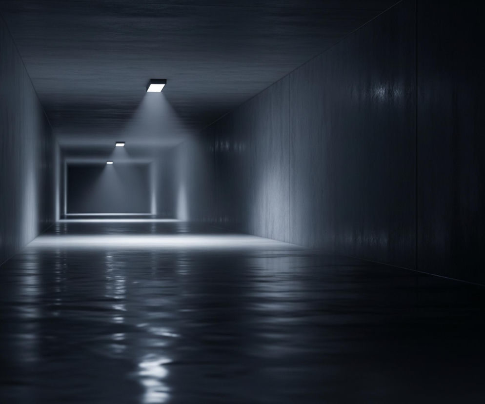 Długi, prosty korytarz o ciemnych, jednolitych ścianach i suficie. Na suficie rozmieszczono kilka świecących, prostokątnych opraw oświetleniowych, rzucających snopy białego światła na podłogę. Podłoga korytarza jest ciemna i odbija światło, tworząc refleksy, co sugeruje mokrą lub bardzo lśniącą powierzchnię. Korytarz zwęża się perspektywicznie, prowadząc wzrok w kierunku oddalonego, jaśniejszego końca, który rysuje się jako prostokątny otwór.