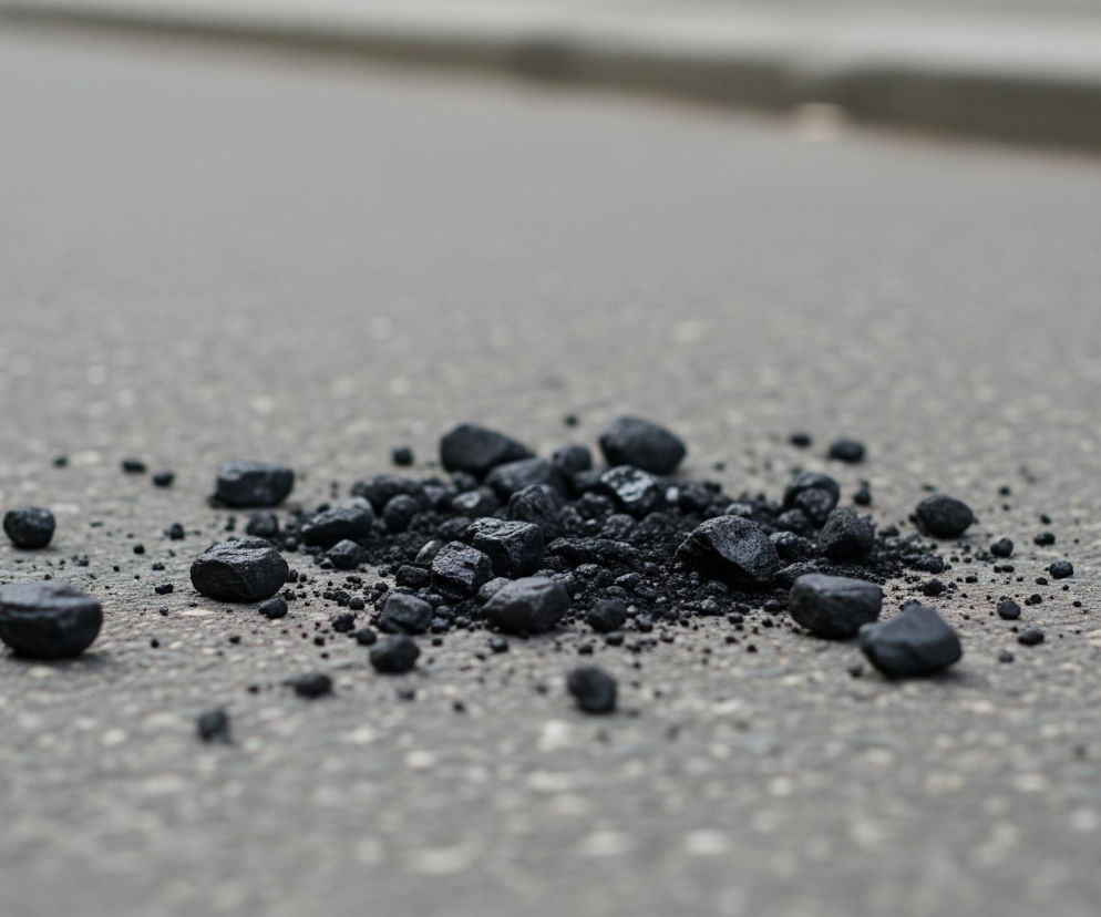 Na pierwszym planie, centralnie, leży grupa ciemnych, nieregularnych kawałków węgla lub kruszywa asfaltowego, z których niektóre są większe, a inne drobniejsze, tworząc mały kopczyk. Elementy te są w odcieniach czerni i ciemnej szarości, z widoczną teksturą na ich powierzchniach. Otoczenie stanowi szary, asfaltowy chodnik lub ulica z drobnym, ziarnistym wzorem, który rozciąga się od dołu obrazu, stopniowo stając się rozmyty w górnej części kadru. Horyzont na górze obrazu jest lekko rozmazany, z niewyraźną linią rozdzielającą ciemniejszy i jaśniejszy obszar.