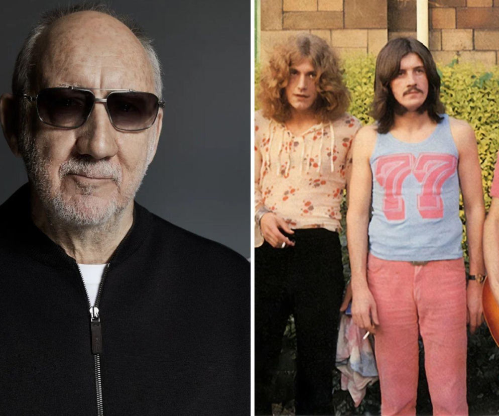 Pete Townshend w ciemnych okularach. Obok na wstawce zespół Led Zeppelin. O ich relacjach przeczytasz na EskaRock.
