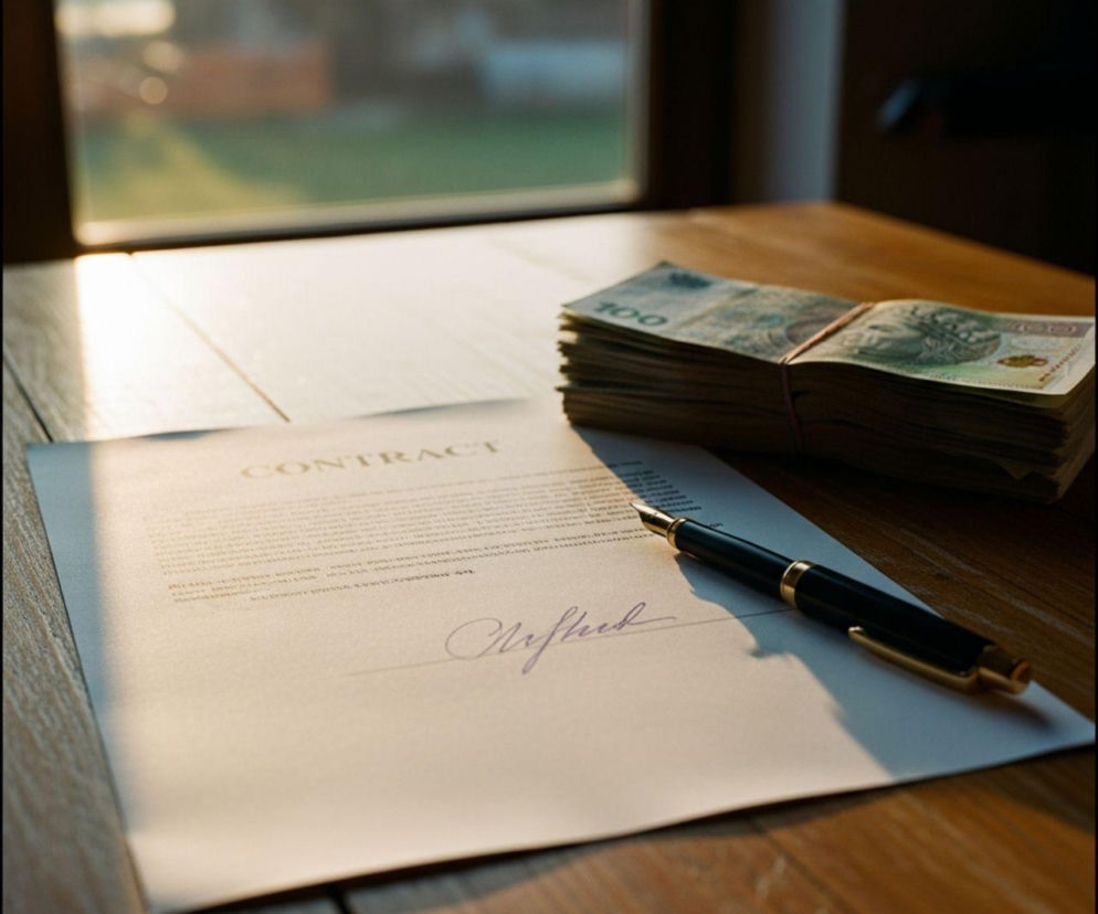 Dokument CONTRACT z podpisem, pióro wieczne i plik banknotów 100 złotowych leżące na drewnianym biurku. Obraz symbolizuje konieczność formalizowania umów i zabezpieczania finansowania w rolnictwie, o czym przeczytasz na portalu Super Biznes.