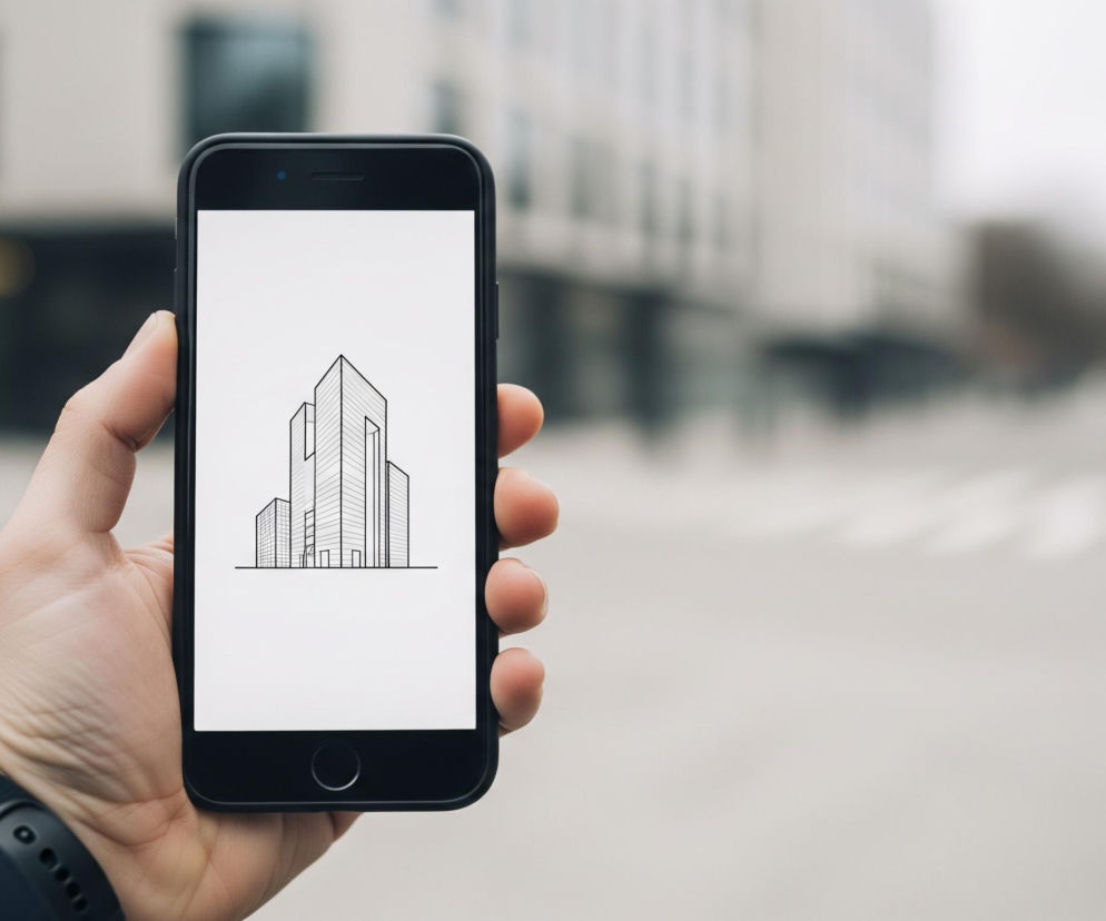 Męska dłoń w ciemnym rękawie trzyma czarny smartfon z białym ekranem skierowanym w stronę widza. Na ekranie znajduje się grafika przedstawiająca trzy abstrakcyjne, prostokątne budynki o różnej wysokości, narysowane czarną linią na białym tle. Budynki posiadają zaznaczone pionowe i poziome linie, sugerujące okna lub teksturę elewacji. Tło obrazu jest rozmyte i ukazuje miejski krajobraz z szarymi budynkami po lewej stronie i ulicą z białymi pasami ruchu po prawej.