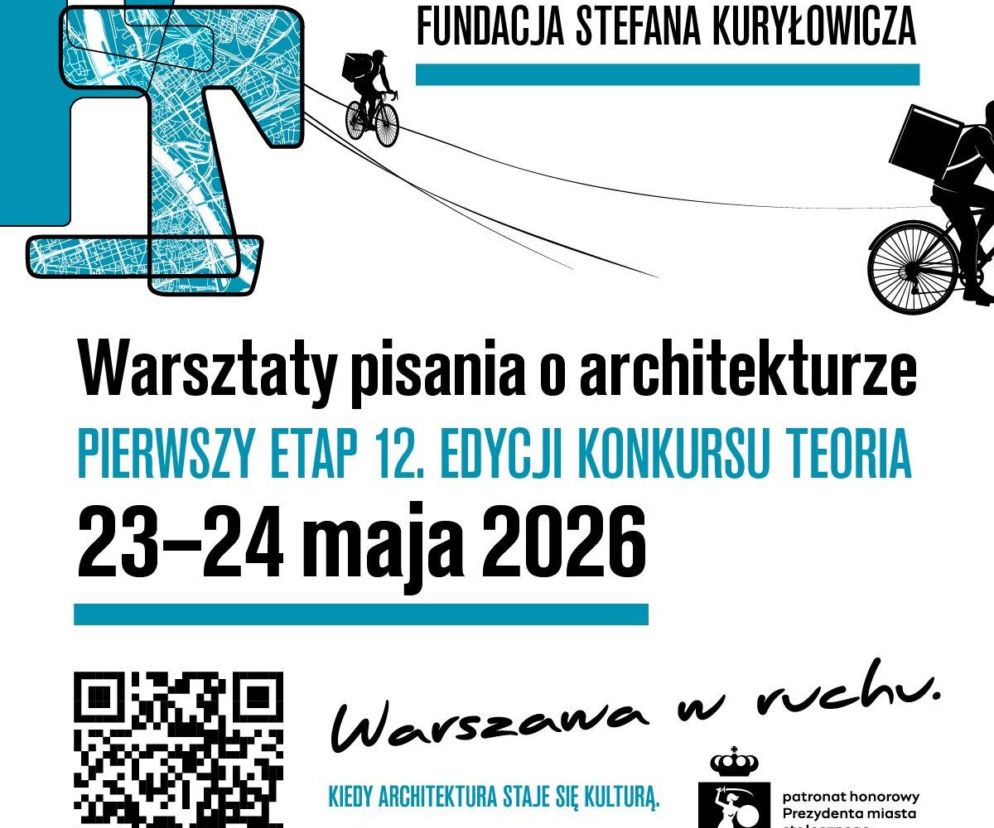 Plakat konkursu TEORIA z sylwetkami kurierów rowerowych. O wynikach 12. edycji przeczytasz w serwisie Architektura.