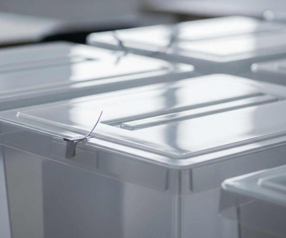 Na pierwszym planie, z lewej strony, stoi przezroczysta, prostokątna urna z lekko fioletowym drutem zabezpieczającym zamknięcie, owiniętym wokół małego, szarego zaczepu. Widoczne jest jej wieko z wąską szczeliną pośrodku. Po prawej stronie i w tle, w częściowym rozmyciu, ustawiono więcej identycznych urn, tworząc rzędy. Całe tło jest jasne i rozmyte, z widocznymi refleksami światła odbijającymi się od powierzchni skrzynek, które są w odcieniach szarości i bieli.