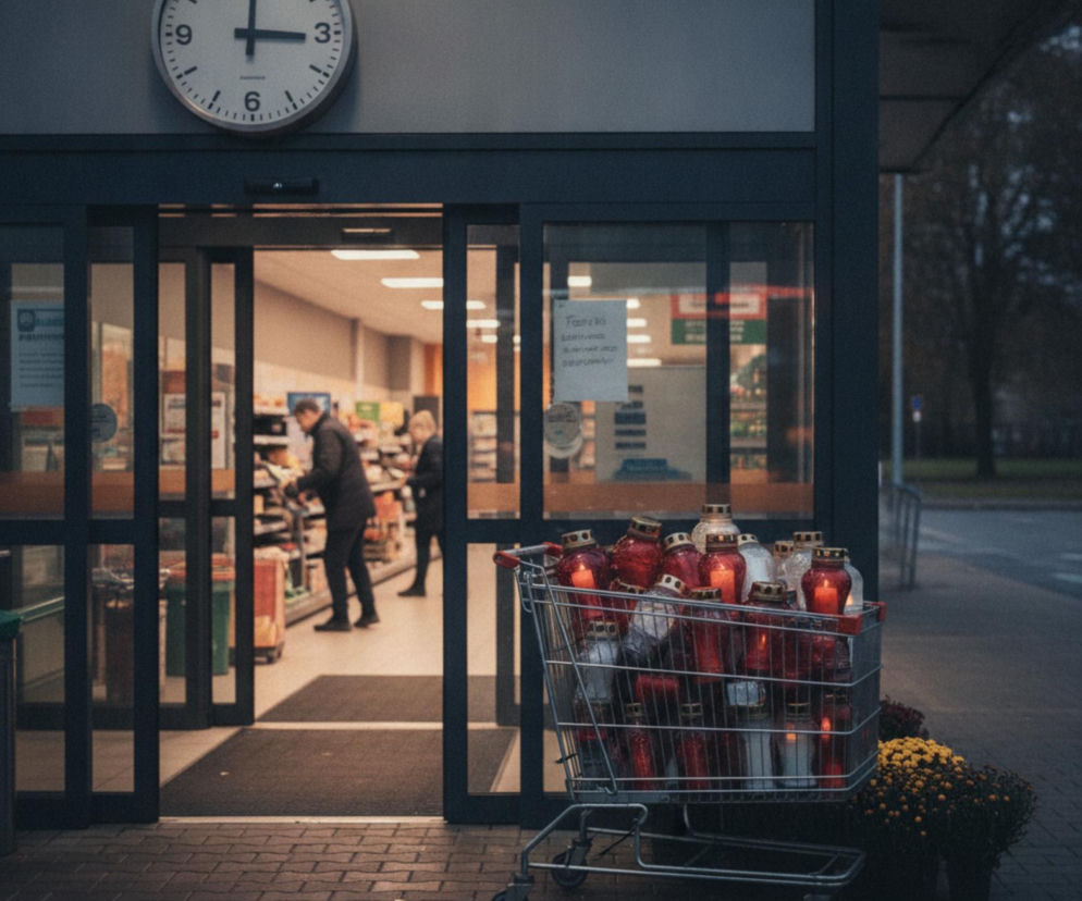 Wózek sklepowy pełen zniczy przed wejściem do marketu o świcie. O godzinach otwarcia cmentarzy przeczytasz na SE.