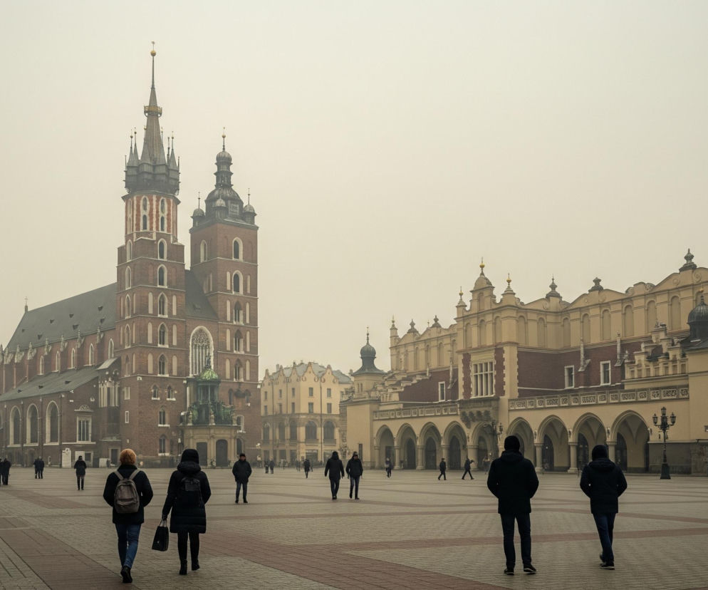 Na pierwszym planie, w centrum i po prawej stronie, widać kilku ludzi idących w różnych kierunkach po brukowanym placu. Tło zajmują architektoniczne budowle: po lewej majestatyczny kościół z cegły o dwóch wieżach, z których jedna jest wyższa i zwieńczona spiczastym dachem, a po prawej długi, renesansowy budynek w kolorze kremowym z łukowymi podcieniami. Cała scena jest spowita jasnoszarą mgłą lub zamgleniem, nadając jej stonowany, nieco melancholijny charakter.