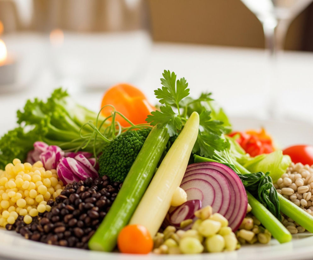 Na białym talerzu leży obfita porcja sałatki, pełna różnorodnych, świeżych składników. Centralnym punktem jest stos zielonych warzyw, w tym liści sałaty, gałązek pietruszki, brokułów i pędów szparagów. Obok nich znajdują się jaskrawożółte kuleczki kaszy, ciemne ziarenka soczewicy oraz beżowe ziarna pęczaku. Całość dopełniają ćwiartki czerwonej cebuli, kawałki pomarańczowej papryki, czerwone pomidorki koktajlowe i drobne zielone groszki. W tle widać zamazane kontury stołu, ze świeczką w szklance po lewej i kieliszkiem do wina po prawej stronie.