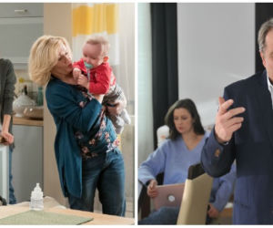 Na Wspólnej. Gosia (Anna Kerth), jej syn Mareczek, Danka (Lucyna Malec), Marek (Grzegorz Gzyl)