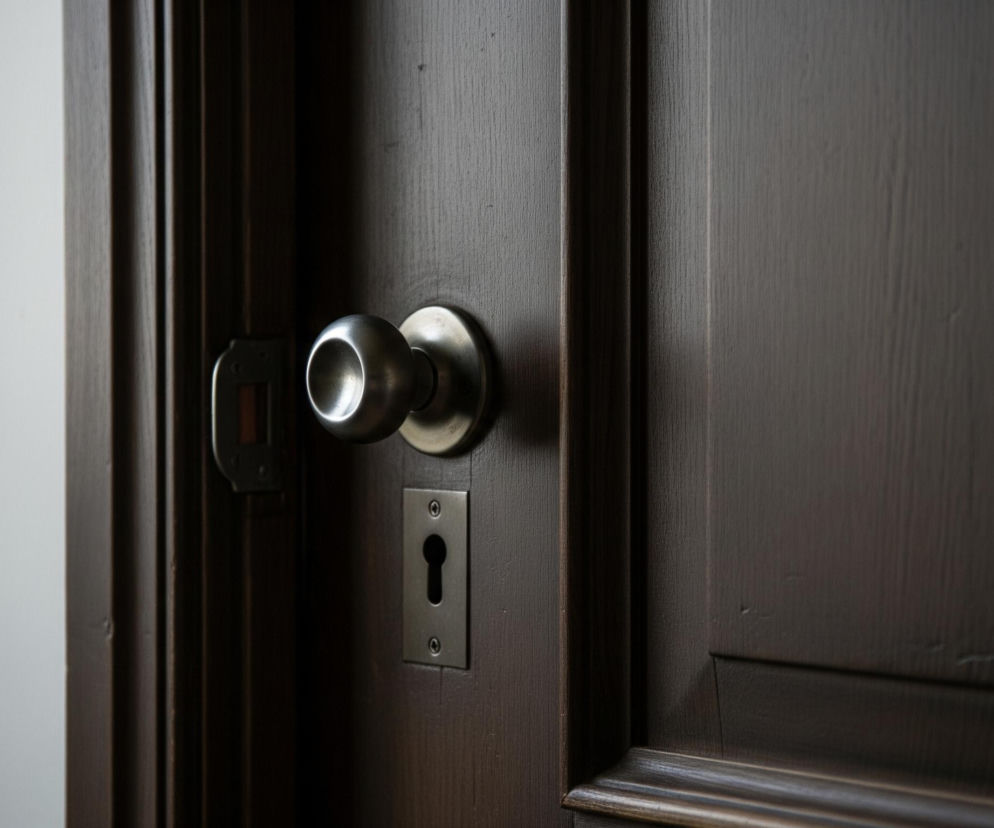 Ciemnobrązowe, drewniane drzwi z metalową klamką kulistą zajmują prawą i środkową część kadru, ukazując delikatne usłojenie drewna i wytłoczone panele. Lewa krawędź drzwi jest lekko otwarta, odsłaniając wąski pas jasnej ściany po lewej stronie. Na drzwiach, obok klamki, widoczna jest metalowa płytka z otworem na klucz w kształcie tradycyjnej dziurki. Elementy metalowe, w tym klamka i osłona zamka, mają srebrzysty, matowy odcień.