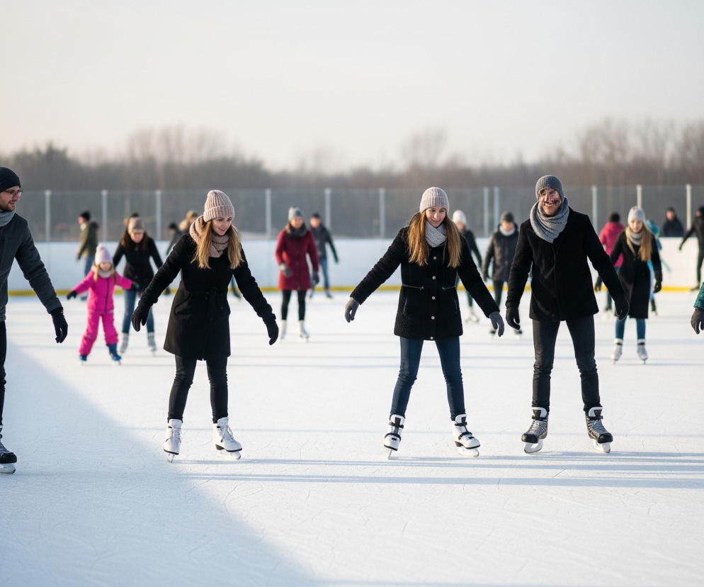 Na lodowisku znajduje się wiele osób, widoczne są cztery pary dorosłych, w większości w zimowych ubraniach, takich jak płaszcze, szaliki i czapki, a także jedna dziewczynka w różowym kombinezonie. Dwie centralne pary uśmiechają się, patrząc na siebie, natomiast dwie zewnętrzne grupy patrzą w przód lub na boki. W tle widoczna jest siatka ochronna lodowiska i zarys nagich drzew. Wszyscy poruszają się na łyżwach po gładkiej, jasnoniebieskiej powierzchni lodu.