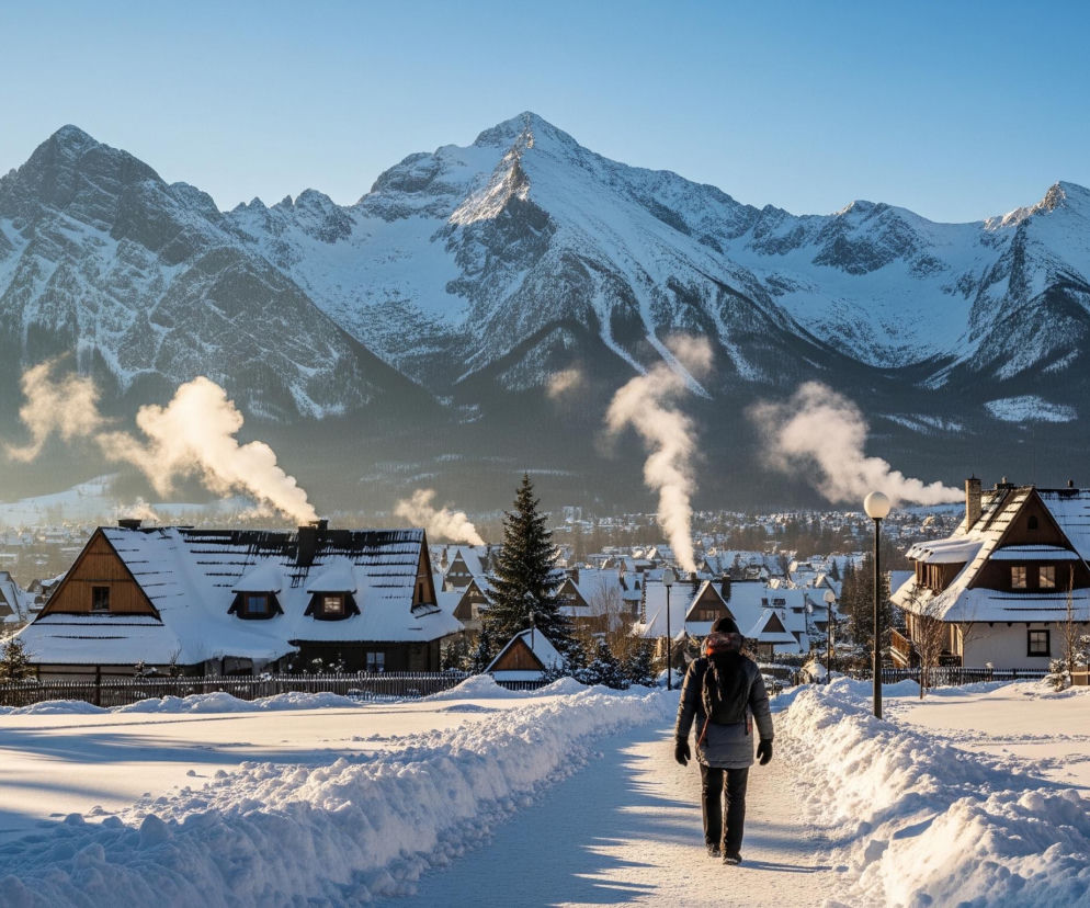 Osoba w ciemnej kurtce, czapce i z plecakiem idzie środkiem zaśnieżonej drogi, otoczonej wysokimi zaspami. Po obu stronach drogi rozciąga się zimowy krajobraz z licznymi drewnianymi domami o stromych, zaśnieżonych dachach, z których kominów unosi się biały dym. W tle dominują majestatyczne, ośnieżone szczyty górskie pod jasnoniebieskim, bezchmurnym niebem. Słońce rzuca długie cienie na śnieg, oświetlając scenerię ciepłym, złotym światłem.