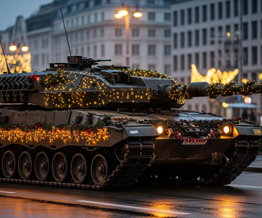 Czołg w kolorze oliwkowym, udekorowany licznymi girlandami z lampek choinkowych, czerwonych i zielonych ozdób świątecznych, porusza się po mokrej ulicy. Lufa czołgu, wieża oraz boki pojazdu są bogato oświetlone ciepłymi, żółtymi lampkami. Na tle widoczne są rozmyte budynki miejskie z oświetlonymi oknami oraz uliczne lampy i ozdoby świąteczne w kształcie skrzydeł, także świecące na ciepły żółty kolor, co sugeruje wieczorny lub nocny czas.