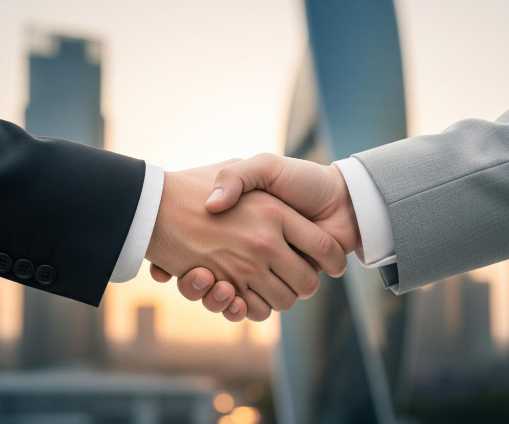 Dwie osoby ściskają sobie dłonie, z ręką w czarnym rękawie po lewej stronie i ręką w szarym rękawie po prawej. Oba mankiety koszul są białe. Dłonie są splecione w centralnej części kadru, a ich barwa jest jasnobeżowa. Tło jest rozmyte i przedstawia panoramę miasta z wieżowcami oraz ciepłym, pomarańczowo-niebieskim światłem zachodzącego słońca.