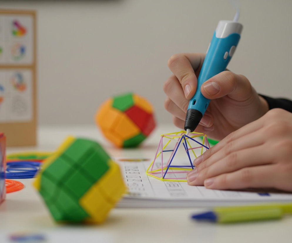 Prawa dłoń trzyma niebiesko-biały długopis 3D, którym tworzy przestrzenny model geometryczny składający się z żółtych, różowych i niebieskich linii na białej kartce z zaznaczeniami. Na pierwszym planie po lewej stronie znajduje się czerwona kostka z niebieskimi i żółtymi rombami, a obok niej zielono-żółta bryła. W tle, częściowo rozmyte, widać dwie kolorowe, wielościenne figury geometryczne oraz drewniany stojak z planszami przedstawiającymi różnokolorowe wzory.