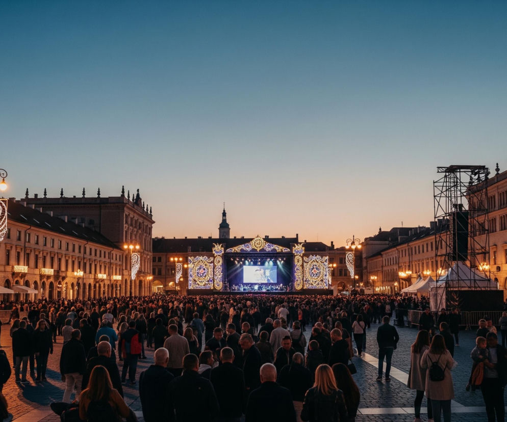 Duży tłum ludzi wypełnia brukowany plac, oświetlony blaskiem ulicznych latarni i świątecznych dekoracji. Na końcu placu znajduje się scena z dużym ekranem, na którym wyświetlany jest koncert, otoczona bogato zdobionymi, świecącymi elementami dekoracyjnymi w kształcie łuków i okręgów. Wokół placu stoją zabytkowe kamienice z podświetlonymi oknami i balkonami, a w tle widać ciemniejące, granatowo-pomarańczowe niebo o zmierzchu.