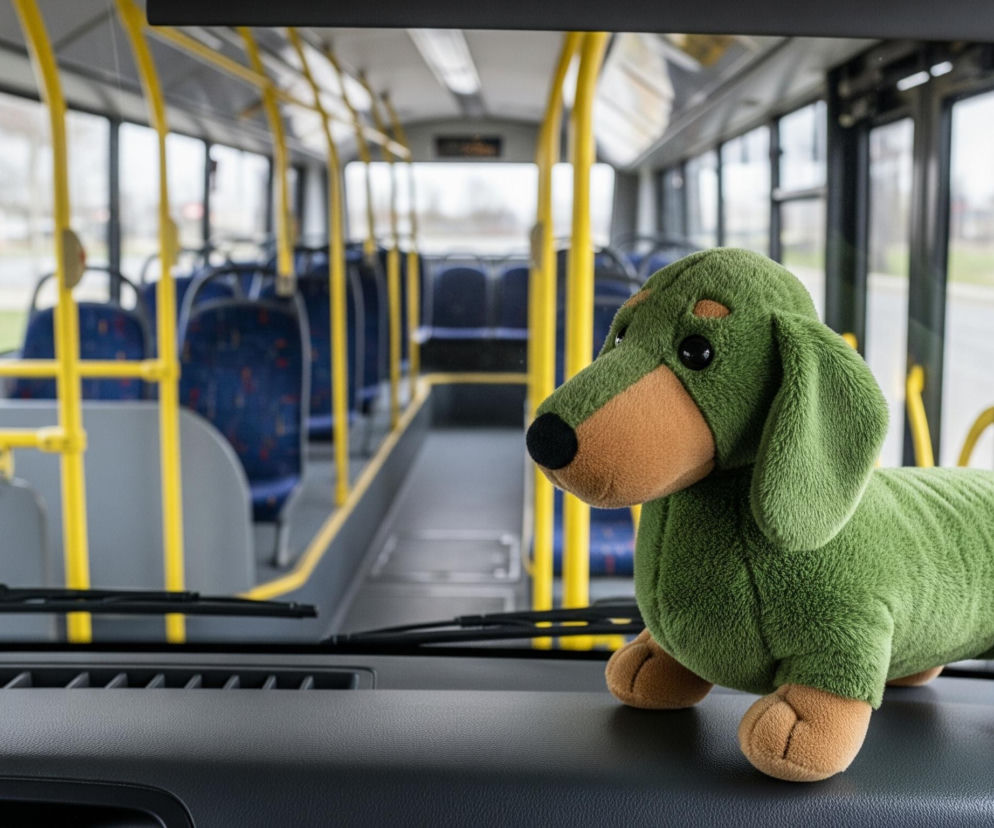 Zielona pluszowa zabawka w kształcie jamnika z brązowymi łapami i pyskiem oraz czarnymi oczami stoi na czarnej desce rozdzielczej pojazdu. W tle rozciąga się wnętrze autobusu z rzędami pustych, niebieskich siedzeń z czerwonymi akcentami i licznymi żółtymi poręczami, które prowadzą w głąb pojazdu. Przez szyby boczne widać niewyraźny krajobraz na zewnątrz, a w oddali widać częściowo niebo.