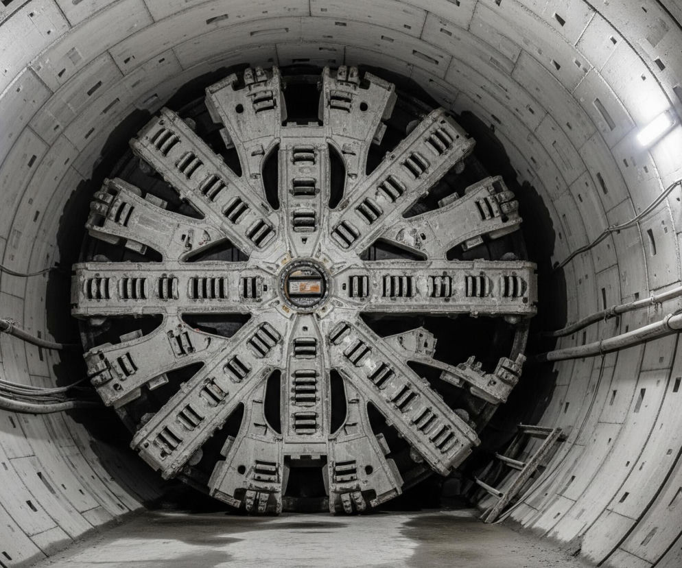 Centralnie umieszczona jest gigantyczna tarcza wiertnicza o metalicznej, szarej barwie, składająca się z wielu promieniście ułożonych ramion z segmentami tnącymi, z niewielkim otworem w samym środku. Otacza ją cylindryczny, betonowy tunel, zbudowany z prostokątnych segmentów, tworzących koliste pasy. Po lewej stronie tunelu biegną rury i przewody przymocowane do ściany, a po prawej widać drewnianą drabinę. Oświetlenie tunelu zapewniają poziome, prostokątne lampy fluorescencyjne rozmieszczone na jego górnych partiach.