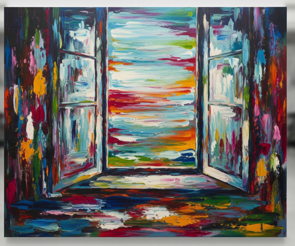 Otwarte okno z widokiem na horyzont, namalowane w stylu impresjonistycznym z użyciem grubych pociągnięć pędzla. Rama okna jest biała, a jego skrzydła są szeroko otwarte, ukazując pejzaż na zewnątrz. Tło za oknem to dynamiczne połączenie poziomych smug koloru, w tym błękitu, białego, czerwieni, pomarańczy i zieleni, sugerujące niebo i odległe krajobrazy. Wnętrze pomieszczenia, z którego wychodzi okno, jest przedstawione jako ciemniejsze ściany, pokryte pionowymi, grubymi pociągnięciami farby w wielu żywych kolorach, takich jak żółty, różowy, niebieski, zielony i pomarańczowy. Na podłodze przed oknem widać odbicia tych samych jaskrawych barw, tworzących wrażenie kałuży lub mokrej powierzchni, co potęguje iluzję głębi i światła.