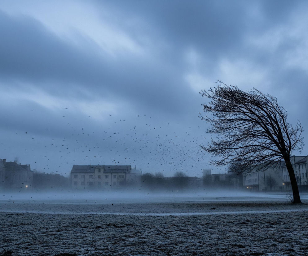 Na pierwszym planie rozciąga się ciemne, pofalowane pole, pokryte szronem lub zaschniętą trawą, z wyraźną linią horyzontu dzielącą je od zamglonego, jaśniejszego pasa ziemi w tle. Po prawej stronie widać samotne, bezlistne drzewo o ciemnym pniu i gałęziach mocno pochylonych w lewo, jakby pod wpływem silnego wiatru. Nad drzewem, w centralnej części kadru, unosi się rój ciemnych ptaków, rozproszony na tle nieba. W oddali, za mgłą, widoczne są kontury budynków, niektóre z nich posiadają wyraźne okna i dachy, a z jednego okna po prawej stronie emituje światło. Całość otacza szare, zachmurzone niebo, z jaśniejszymi smugami, tworzącymi wrażenie ruchu.