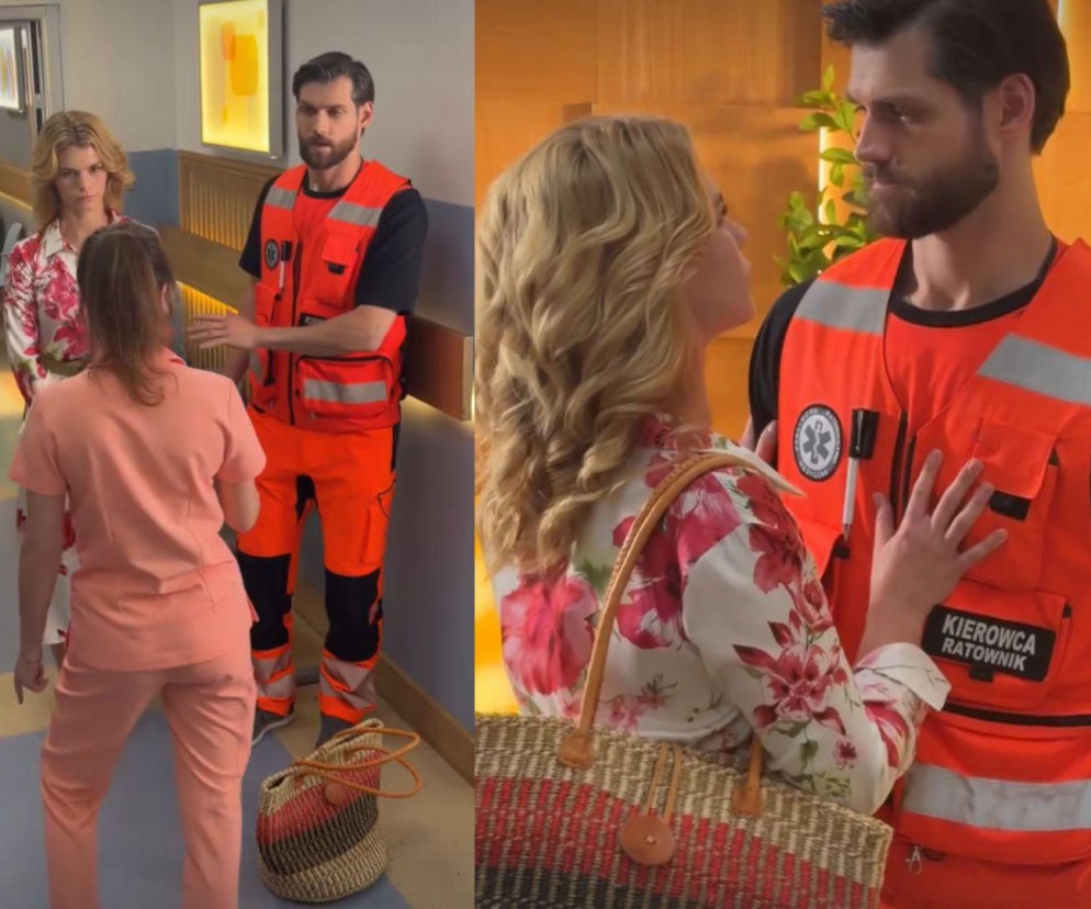 Ujęcie z planu serialu Na dobre i na złe. Dwie kobiety i mężczyzna w stroju ratownika dyskutują na szpitalnym korytarzu. Matylda (Amelia Czaja) jest świadkiem zdrady nowego chłopaka, ratownika, całującego blondynkę, co doprowadzi do awantury. Więcej na Super Seriale.
