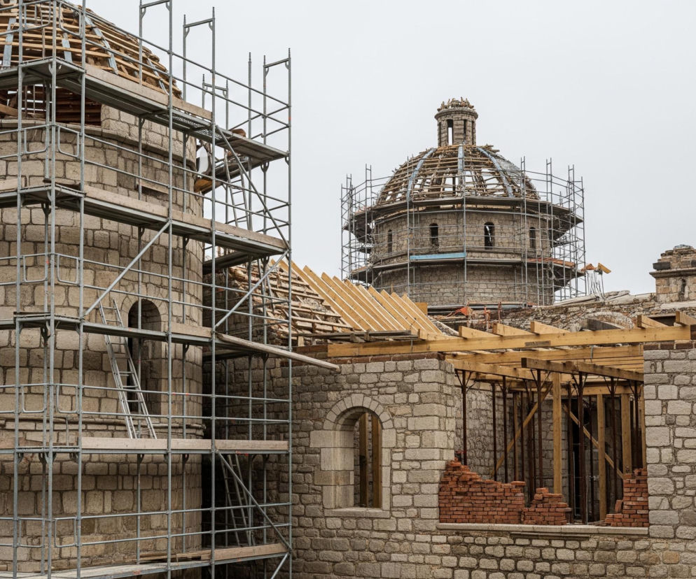 Na pierwszym planie widoczna jest kamienna budowla w trakcie budowy lub renowacji, otoczona metalowym rusztowaniem. Prawa strona obrazu przedstawia część parterową z dwiema otwartymi wnękami okiennymi o łukowatych nadprożach oraz fragment ściany z odsłoniętą czerwoną cegłą. Z tego poziomu wyrastają drewniane belki konstrukcji dachu. W tle, po lewej stronie, dominuje duża okrągła wieża, również z kamienia, z rozbudowanym rusztowaniem i częściowo widocznym drewnianym szkieletem kopuły. Dalej, po prawej stronie, wyłania się większa kopuła z kamienia, również otoczona rusztowaniem i z widoczną drewnianą konstrukcją na jej szczycie. Całość odbywa się pod jasnym, zachmurzonym niebem.