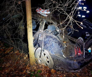 Wypadek pod Sieniawką. Audi roztrzaskało się na słupie